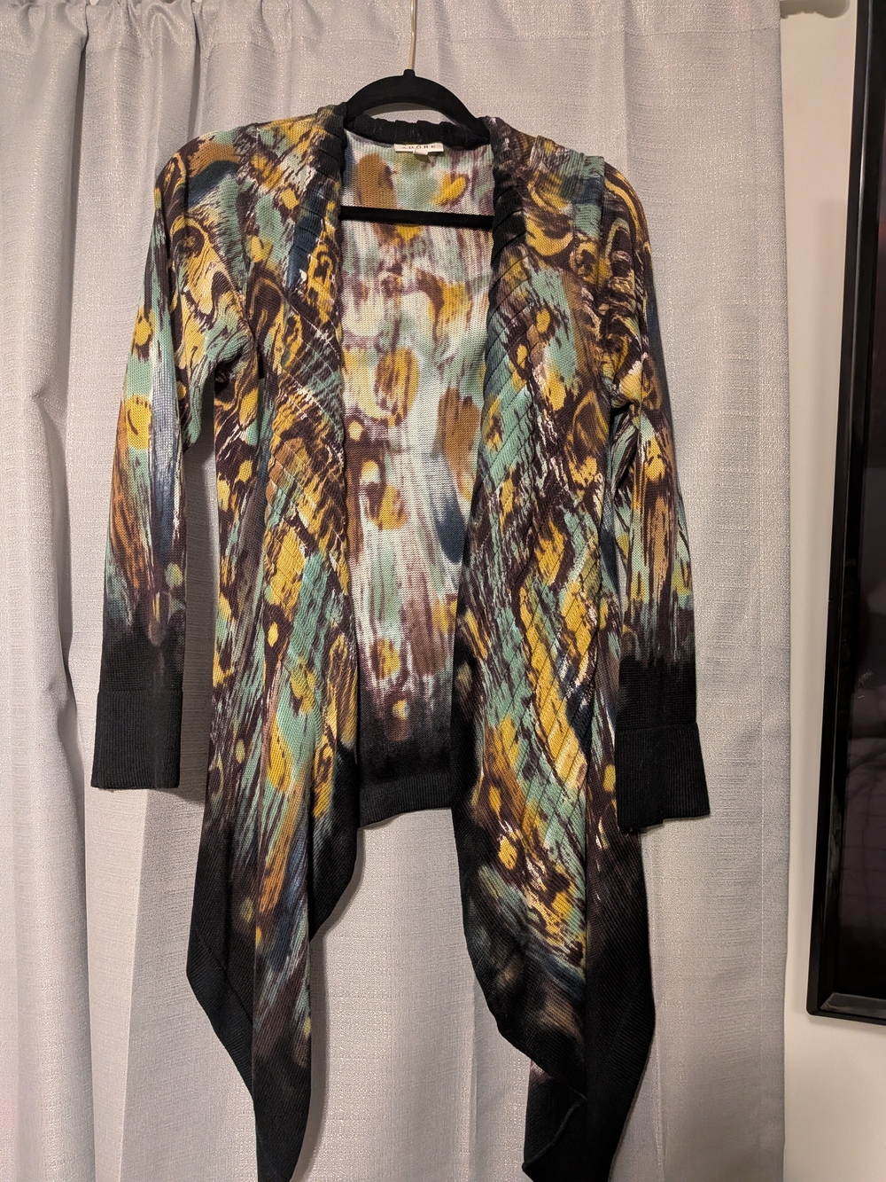 Adore Open Front Watercolor Drape Cardigan in Teal, Yellow, Black